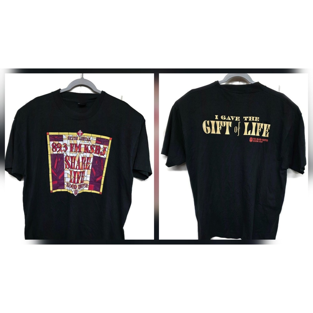 Fruit of the Loom Vintage KSBJ Radio Blood Drive Shirt Mens 2XL Black 90s USA